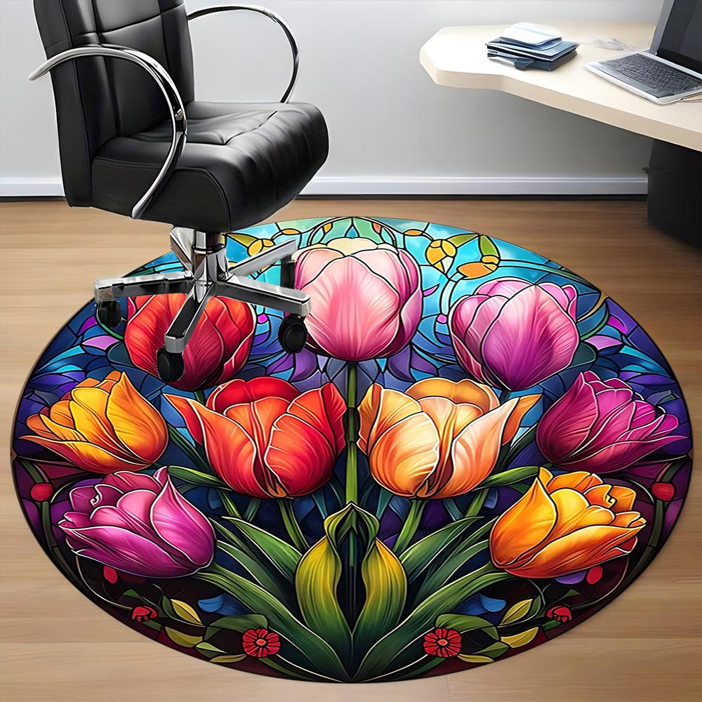 1pc Tulip StainedGlass Office Round Area Rug, Indoor Mat Suitable ForOffice, Under Office Chairs Bedroom Living Room Home Decor, D116
