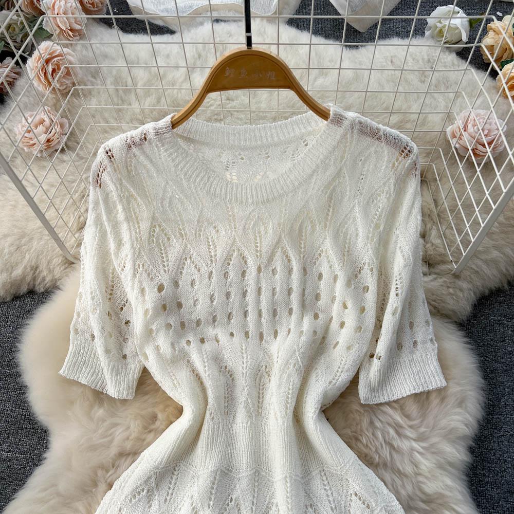 High Quality Women Chic Hollow Out Knitted Sweater Dress Summer Elegant Short Sleev Midi Bodycon Mermaid Dresses