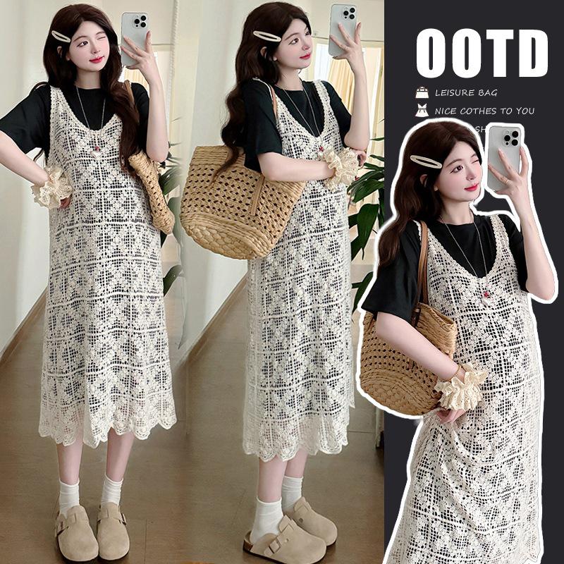 2026 Summer Plus Size Maternity Set: Crochet Vest & Long Sleeve T-Shirt Dress 2XL