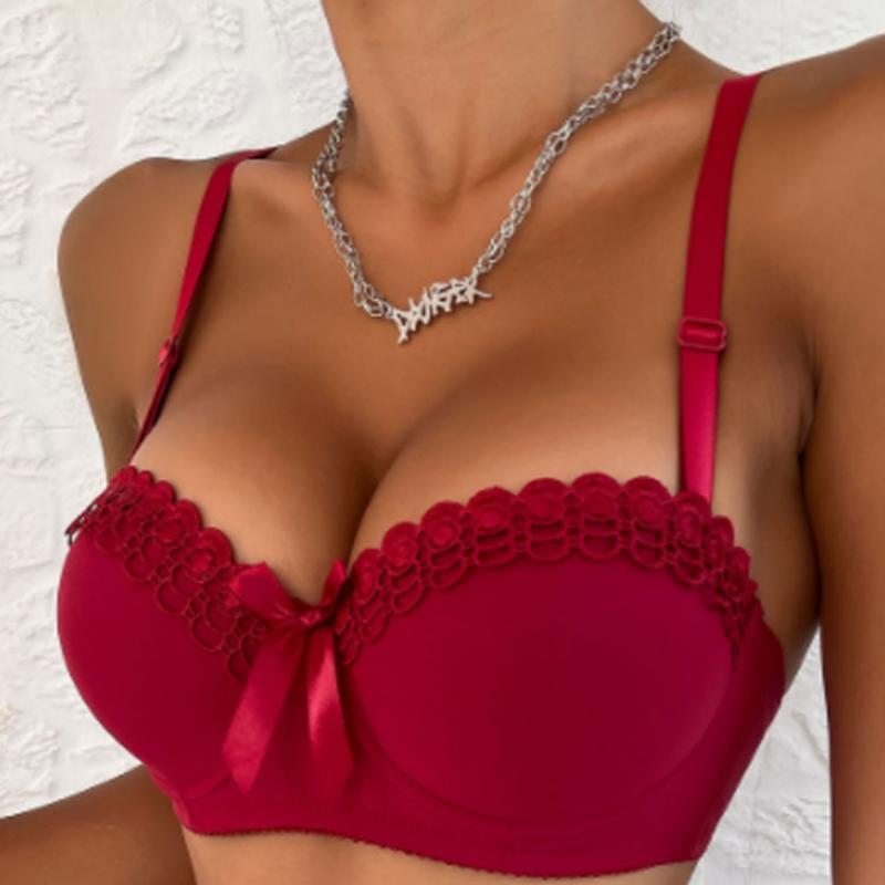 

Women s Lace Trim Balconette Bra with Bow Detail Underwire Support Non-Slip Straps Sexy Lingerie S красный