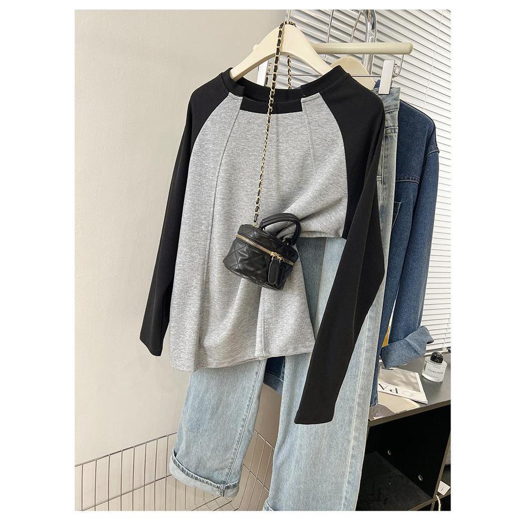 Korean Style Retro Color Block Long Sleeve Women's Casual Top - Autumn/Winter Loose Fit