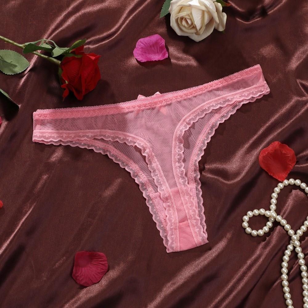 Solid Color Lace Transparent Thongs Soft T-back Panties Fashion Low Waist Briefs  Daily Wear
