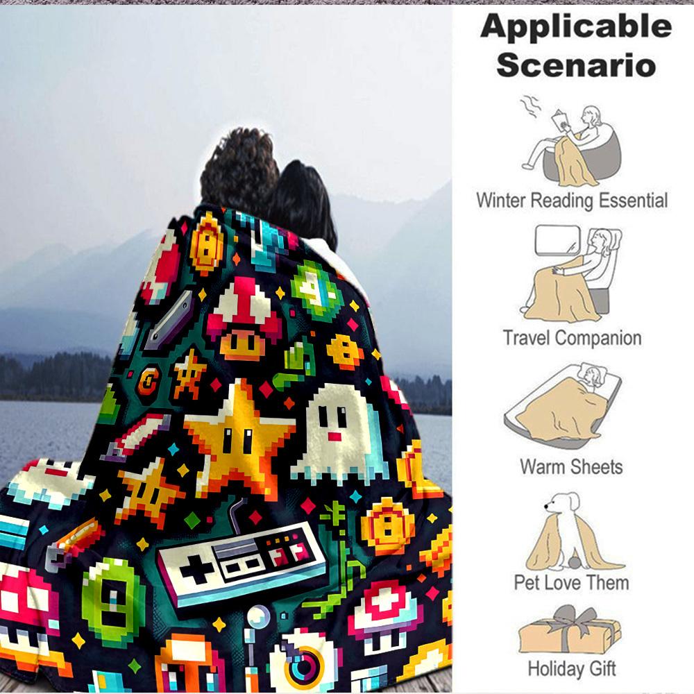 1pc Gaming PixelArt Flannel Throw Blanket HD Printed Lightweight Soft Warm All Season Blanket for Sofa, Bed, Travel, Camping Machine Washable