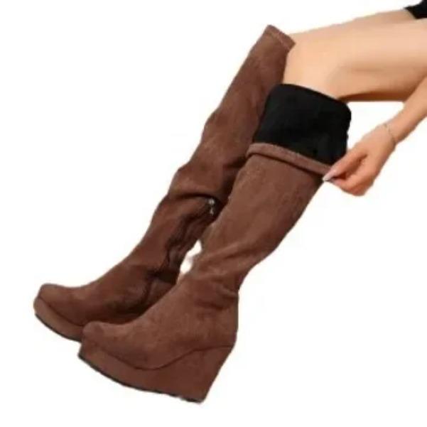 Nowe Botki Damskie na Wysokim Koturnie, Jednolite Kolorystycznie, Zapinane na Zamek z Boku, z Okrągłym Noskiem, Styl Za Kolano, Wygodne i Wszechstronne, Modne