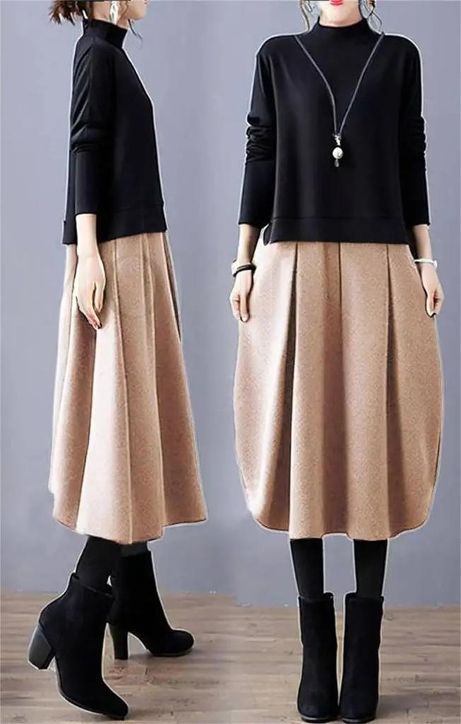 [YUANYUAN] Donking Dress Women's Gathered Dress Winter Dress Knee-Length Spring Autumn Winter Long Sleeve Color Matching Casual Relaxed Stylish Adult