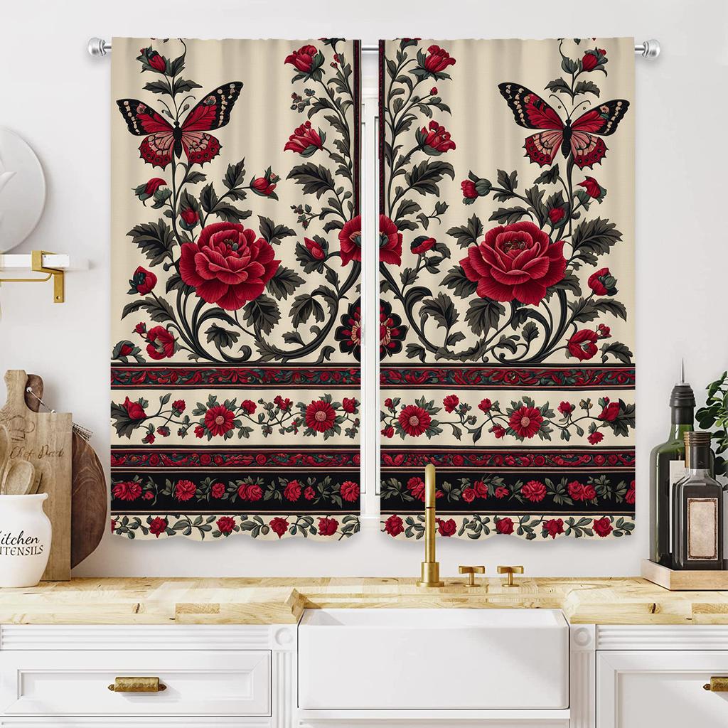 Set Of 2 Curtains Red Rose Butterfly Print Polyester Top Living Room Sheer Made Machine Washable Great Window Treatment