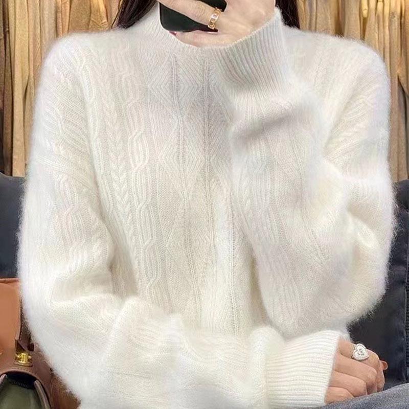 Women's Half-High Collar Cable Knit Wool Sweater - Long Sleeve, Loose Fit, Versatile, Thickened for Autumn and Winter.