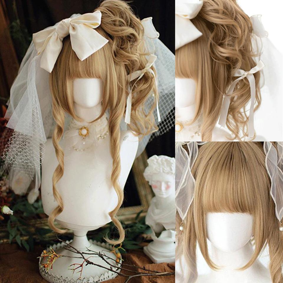 Linen Gold Double Ponytail Synthetic Wig Female Natural Elegant Linen Gold Long Curly Lolita Double Ponytail Full Head Wig