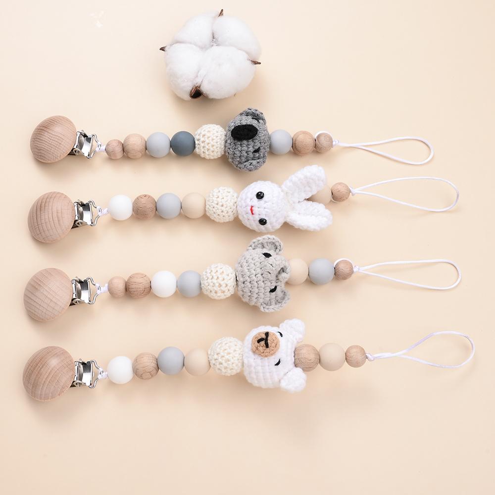 Baby Anti Drip Silicone Bead Chain Care Handmade Wood Teether Nipple Chain Teether Chain Clip Teething Chew Toys