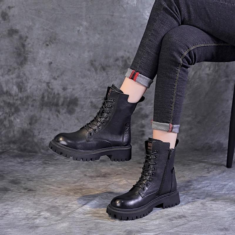 2025 autumn new handsome British side zipper platform cotton short boots locomotive boots lace-up middle help Martin boots