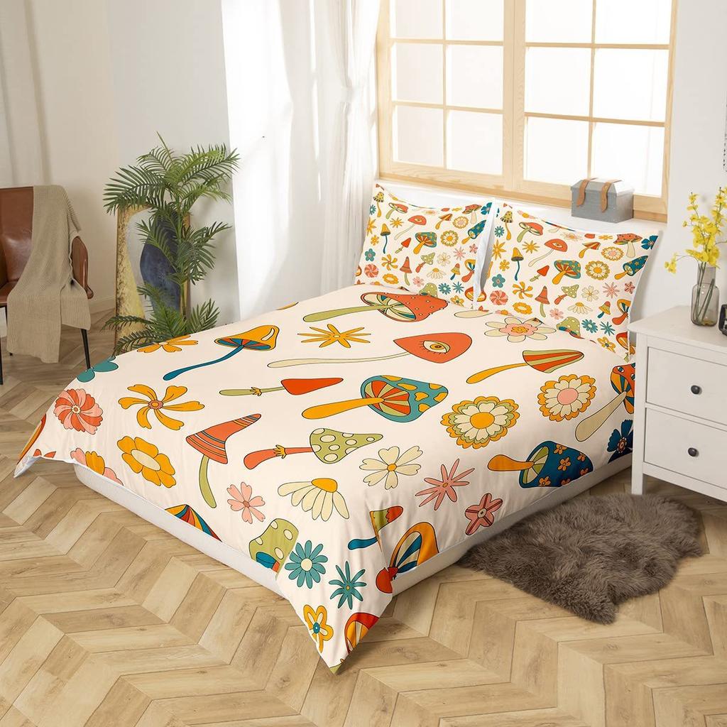 Vintage Mushroom Three-Piece Quilt Cover Digital Printing Bedding Set Bohemian Bed Cover
