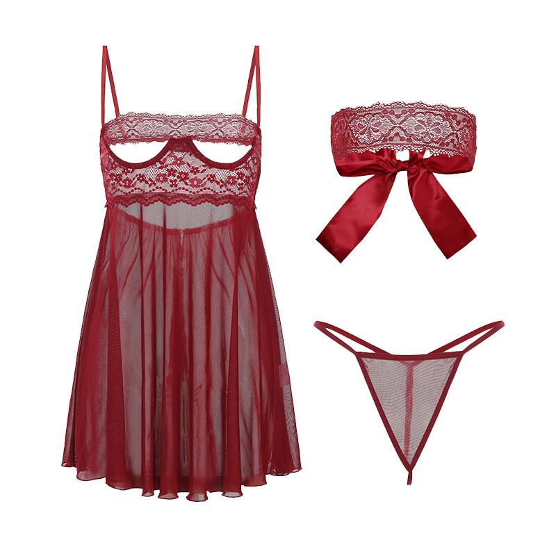Women's Lace Mesh Underwire Push Up Cami Sleep Dress Lingerie Set
