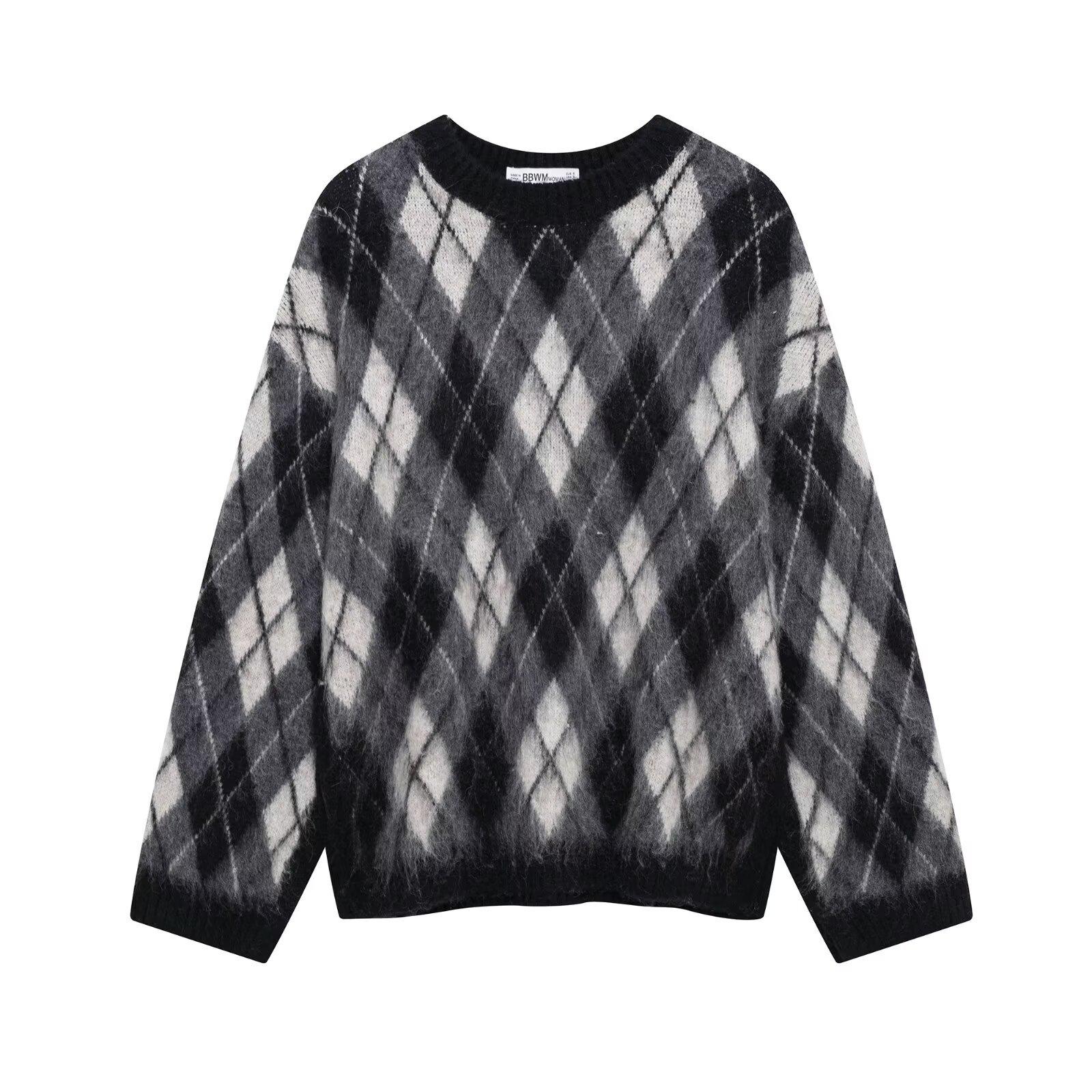 

Зимний женский вязаный свитер с ромбовидным узором в европейском и американском стиле 2024 Medium