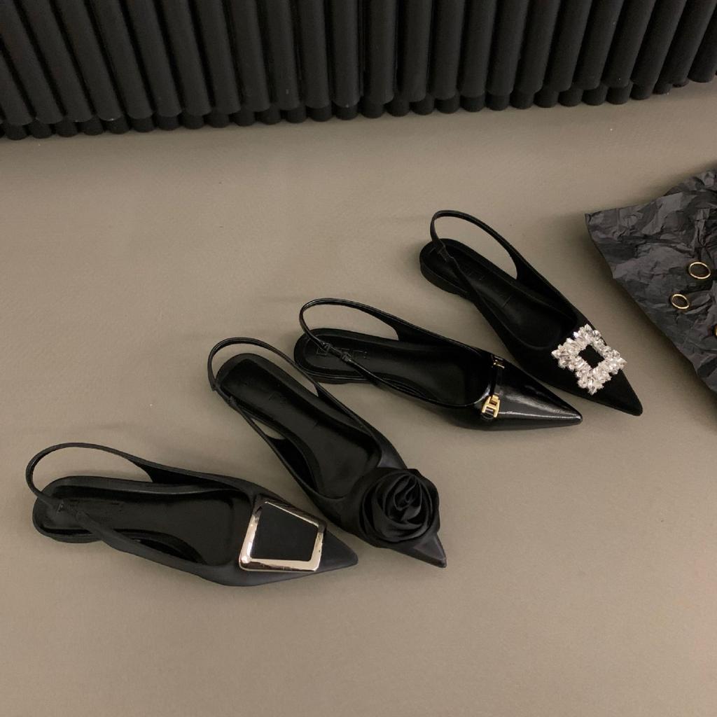 French flat-bottomed black back strap bag head sandals women's 2025 new spring and summer pointed rhinestone temperament single shoes