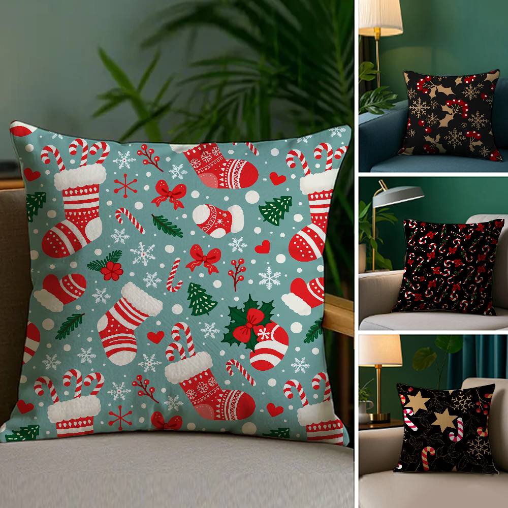 Christmas Tree Bells Snowman Pillow Case Plush Fabric Soft Double Sided Print Sofa Cushion Cover Throw Pillow Covers