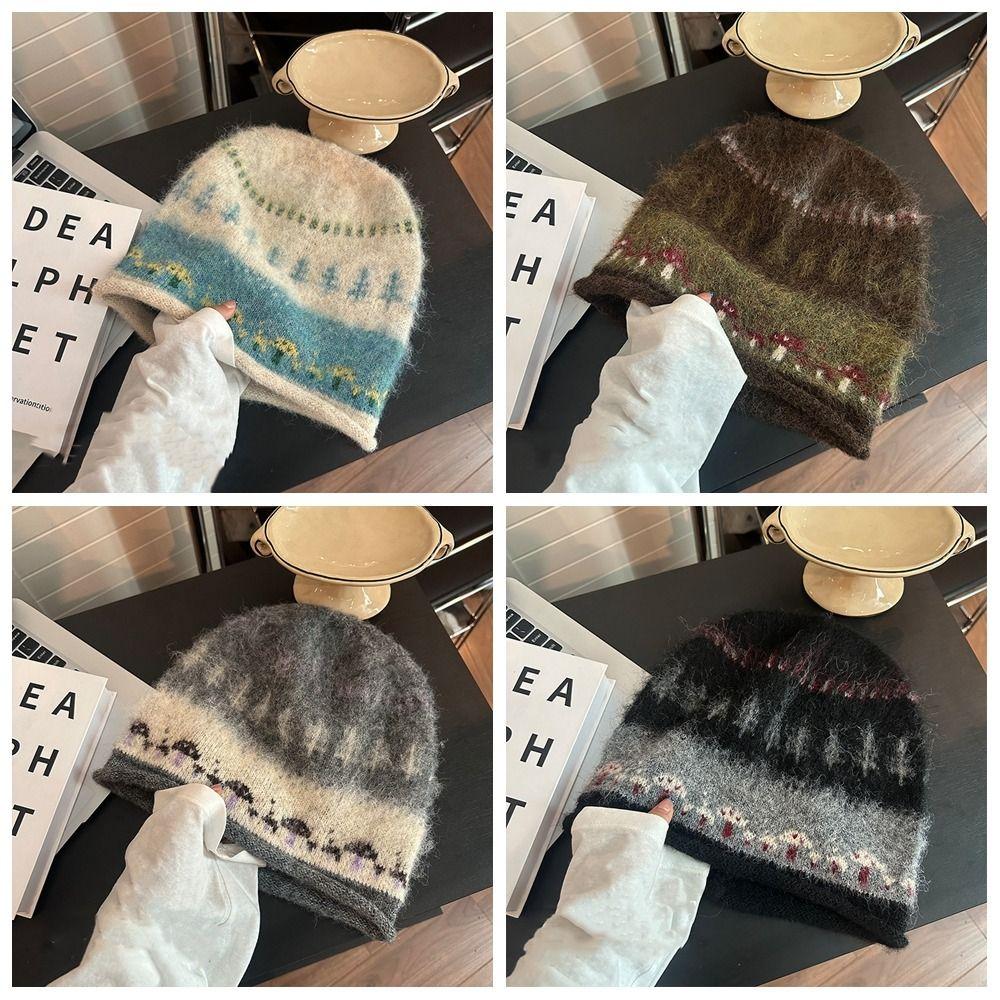 Thicken Winter Pullover Hat Ethnic Style Beanies Hat Casual Fair Isle Style Knitted Hat Outdoor
