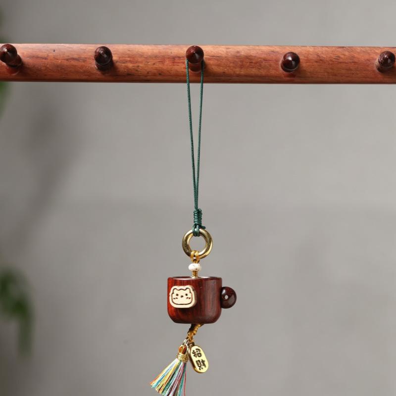 Sandalwood Cat Pendant Keychain and Phone Lanyard - Wooden Handicraft Ornament
