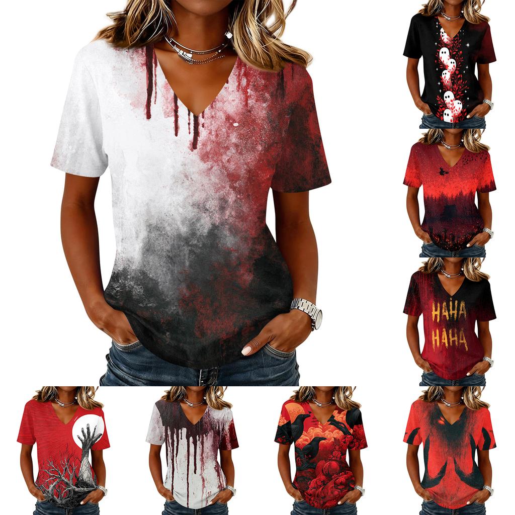 Women's Casual V Neck Pullover Top Halloween Ghost Print Short Sleeve Blouse Lightweight Comfortable Fit