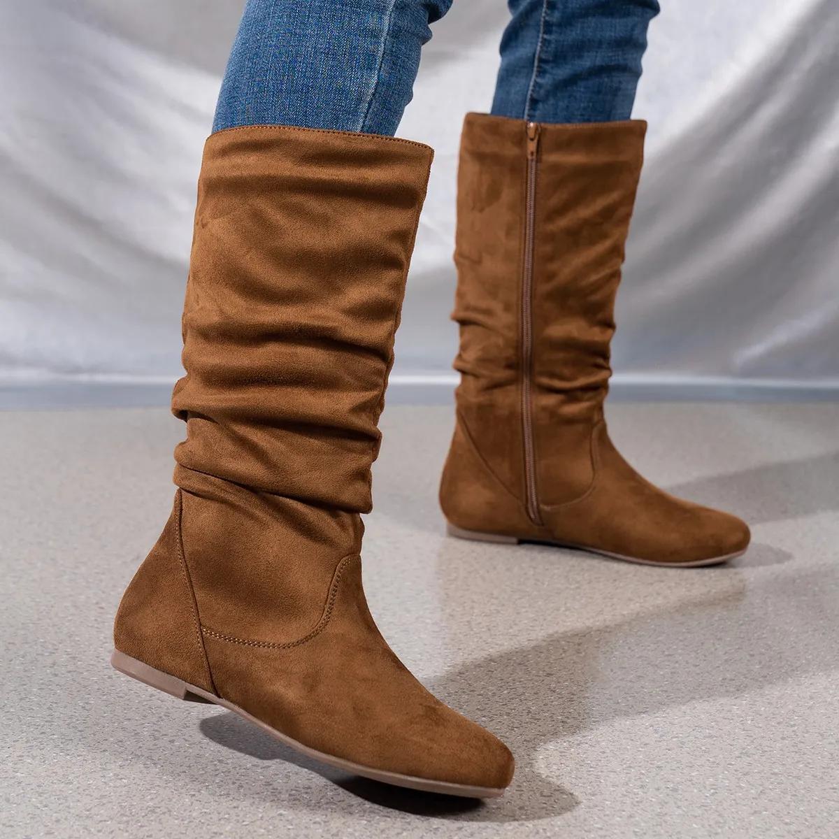 

Pleated Design Slip on Western Boots Woman Flat Suede Flock Thick Heels Cowboy Boots Woman Side Zipper Mid-calf Short Botas 36