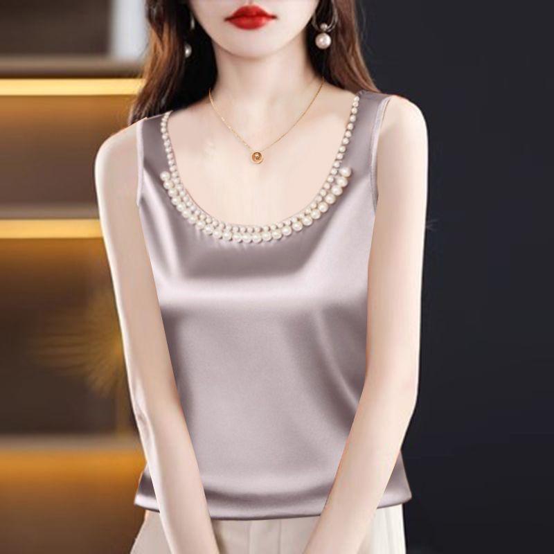 Women's Satin Tank Top - Pearl Embellished U-Neck Sleeveless Blouse