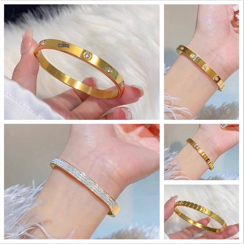 Gold-Tone Titanium Steel Zircon Bracelet for Women, Luxurious Plain Band, Couple's Ring-Inspired Hand Jewelry, New Style