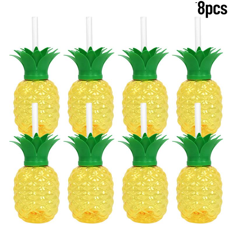 8Pcs Plastic Pineapple Cups with Straw Strawberry Drinking Cup Hawaiian Luau Party Decor Tropical Summer Beach Birthday Supplies