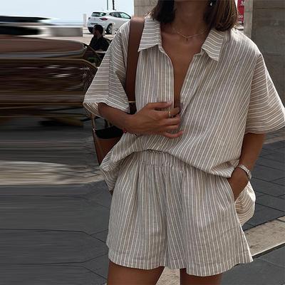 Striped Shirt Shorts Set Spring/Summer 2025 New Fashion Women's Comfort and Leisure 2-piece Set Loose Retro Versatile
