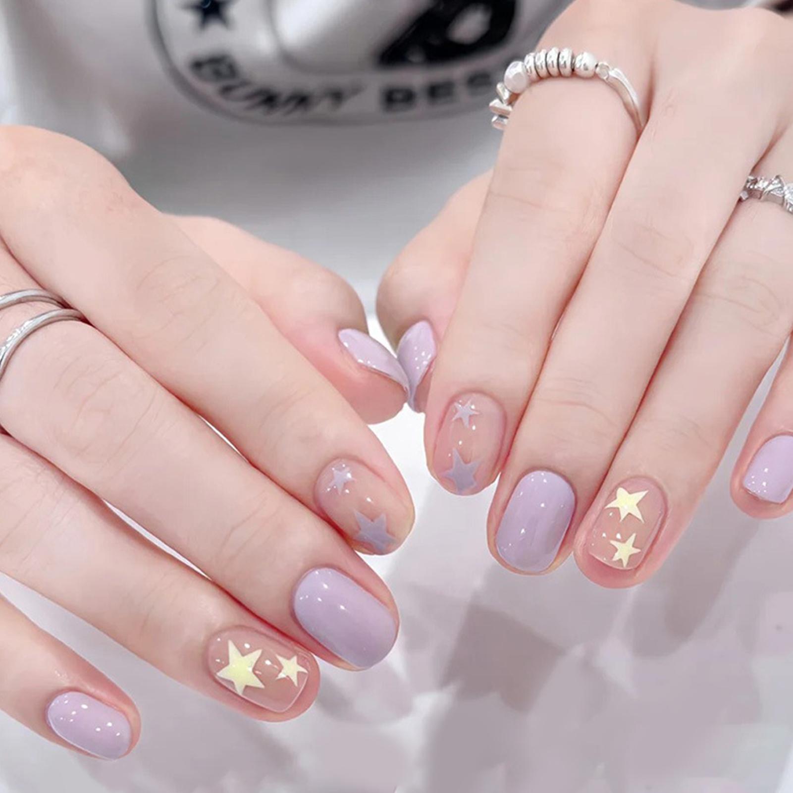 24PCS Gradient Plaid Fake Nails Short Artificial Nail Tips Press On Nails Artificial Manicure Tool Nail Tips Wearable Fake Nails