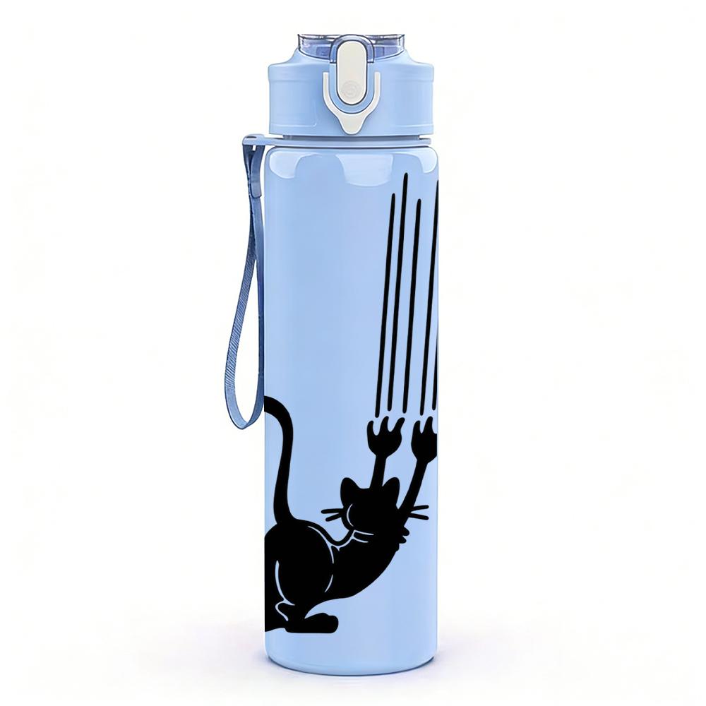 1PC Black Cat Curved Tail Silhouette 750ml Color Plastic Sports Water Bottle Leakproof Flip Straw Lid Suitable for Sports Office Home Use