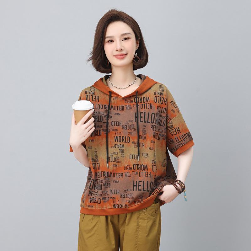 

Женская летняя футболка 2025 года с коротким рукавом и свободного кроя с принтом букв - Модная и стильная футболка Double Extra Large оранжевый