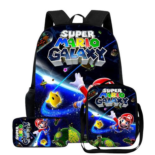 New Mario cartoon backpack, three-piece set for primary and secondary school students, school bag, backpack, shoulder bag, pencil case.