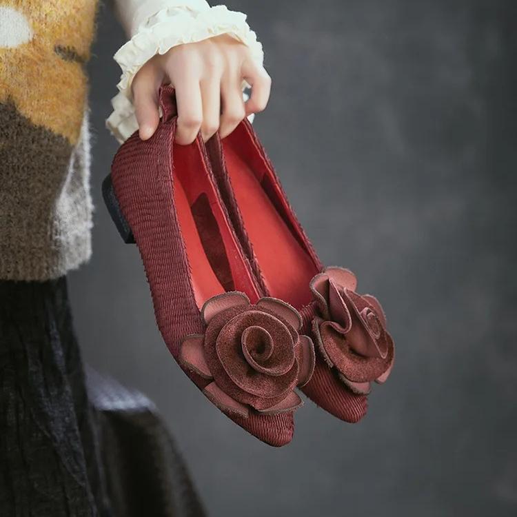 Johnature Genuine Leather Flower Low Heeled Shoes Retro Lightweight And Comfortable Women's Slip-on Shoes