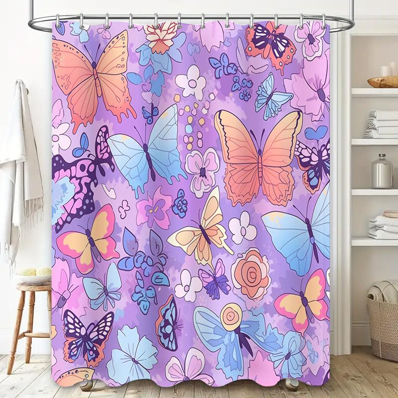 Zasłony prysznicowe z nadrukiem motyli Fioletowy wzór kwiatowy do dekoracji łazienki Tkanina z nadrukiem 3D Wodoodporna zasłona prysznicowa Home Deco