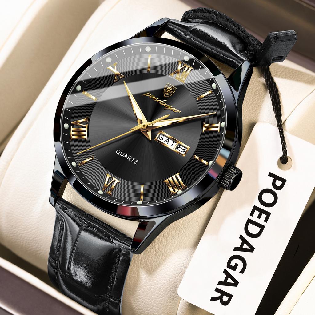 POEDAGAR Business Brand Men Clock Waterproof Luminous Date Week Fashion Man Wristwatch Leather Luxury Men's Quartz Watches Reloj