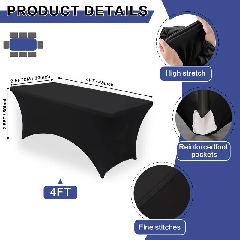 1Pc 4/6FT Spandex Table Cloth Black for Rectangle & Folding Table Stretch Fitted Table Cover 8ft Wrinkle Resistant for Party
