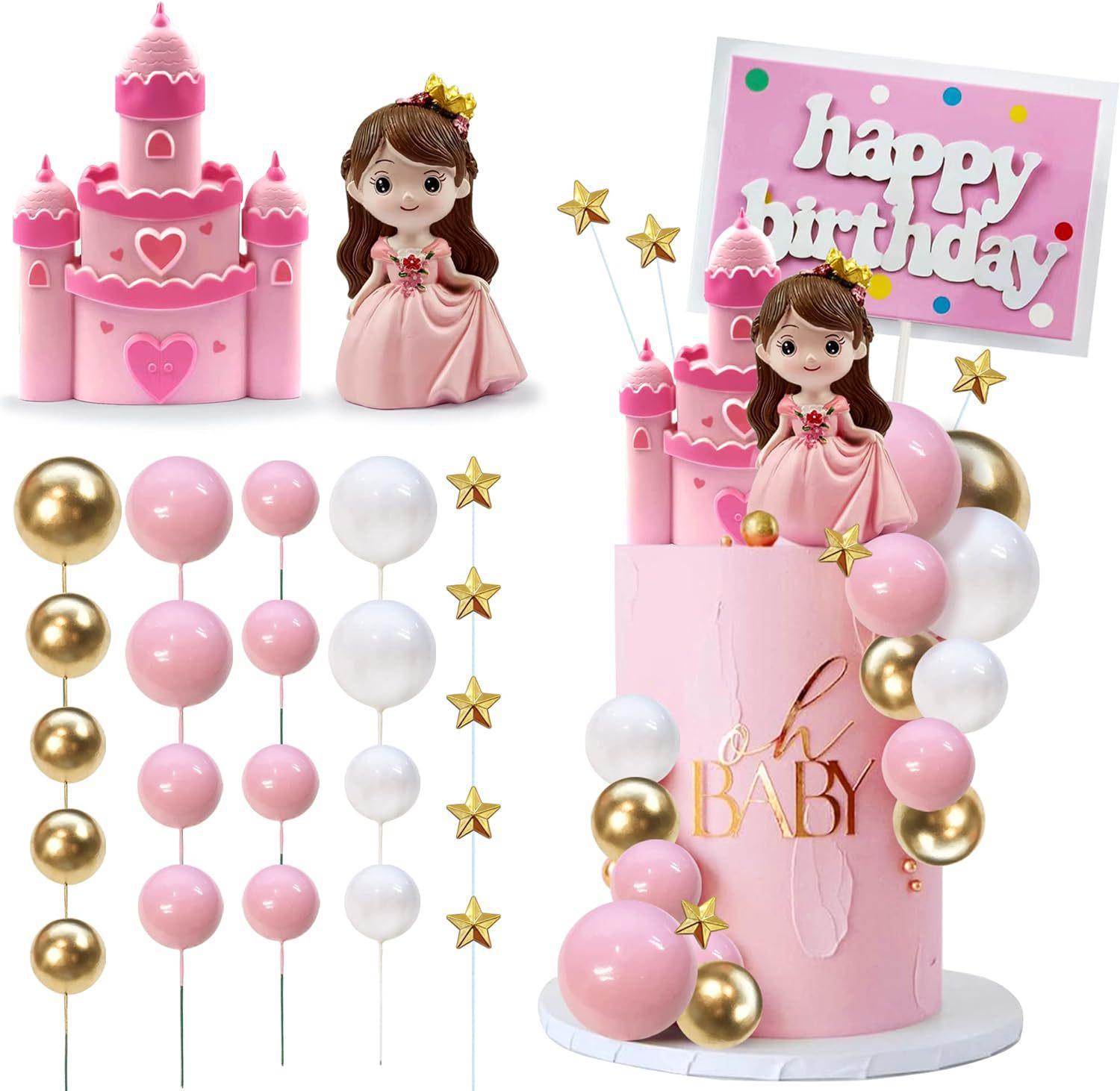 Pink Castle Princess Cake Topper with Stars - Perfect for Girls Birthday Parties
