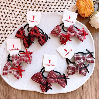 Rotes Stoff Karomuster Schleife Haarseil Ring Kinder Baby Mädchen Kind Elastisches Haar Gummi Band Accessoires Kopfschmuck Kopfbedeckung Ornament