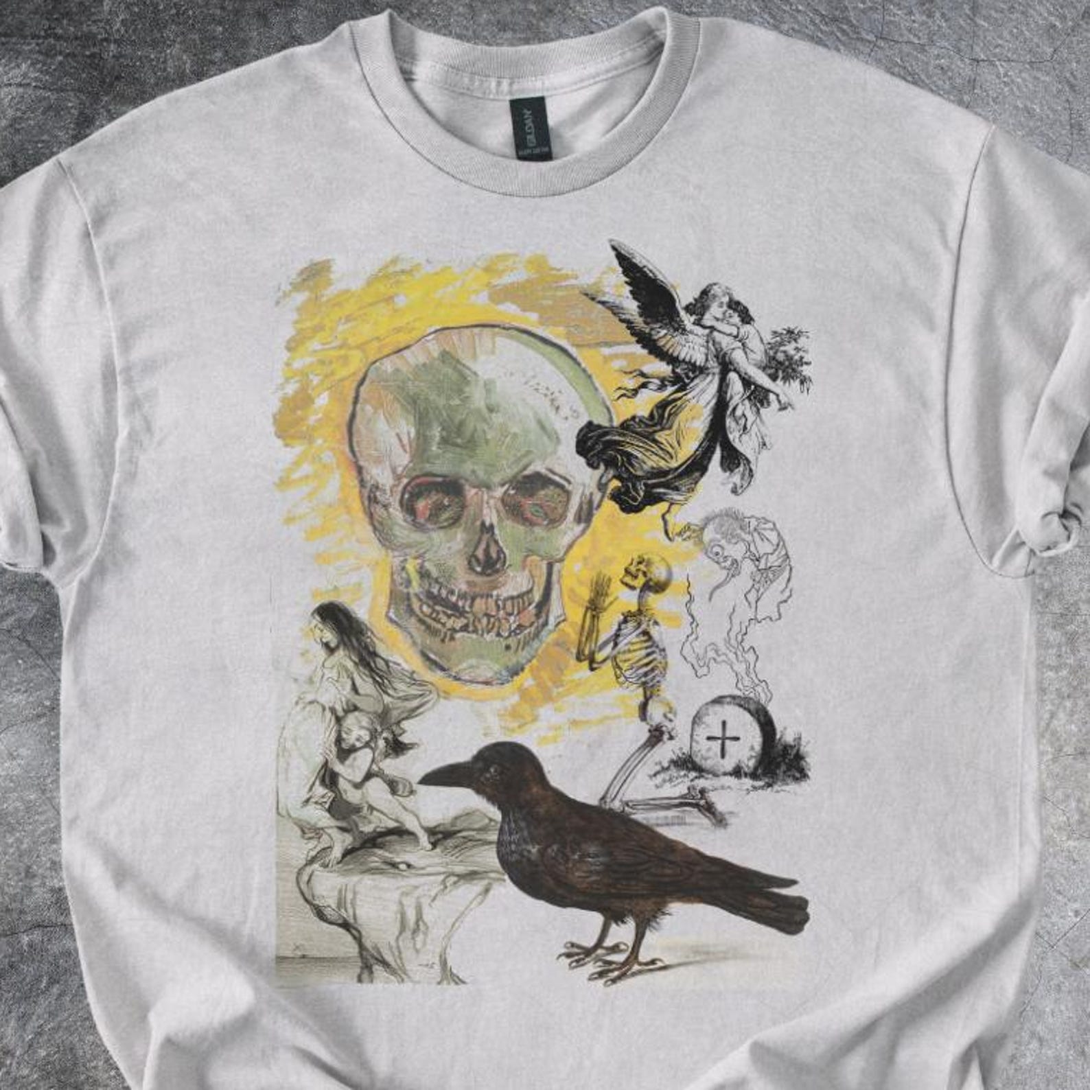 Crow Skull Collage Shirt Mixed Media Artwork Angel Elements Gothic Graphic Tee Tshirt Light Gray 160