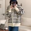 Double Zipper Striped Knitted Cardigan Women's Autumn and Winter New Thickened Versatile Loose Lazy Sweater Jacket