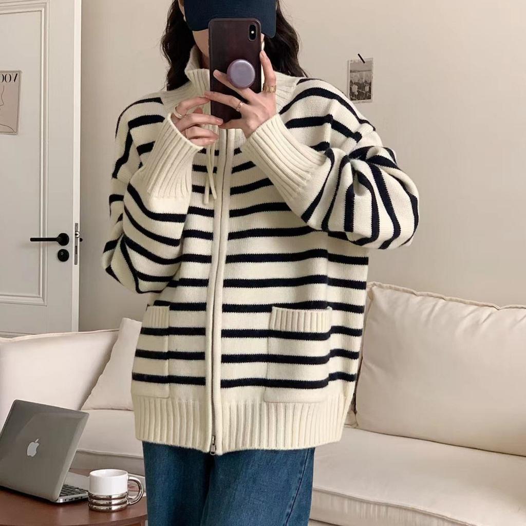 Double Zipper Striped Knitted Cardigan Women's Autumn and Winter New Thickened Versatile Loose Lazy Sweater Jacket