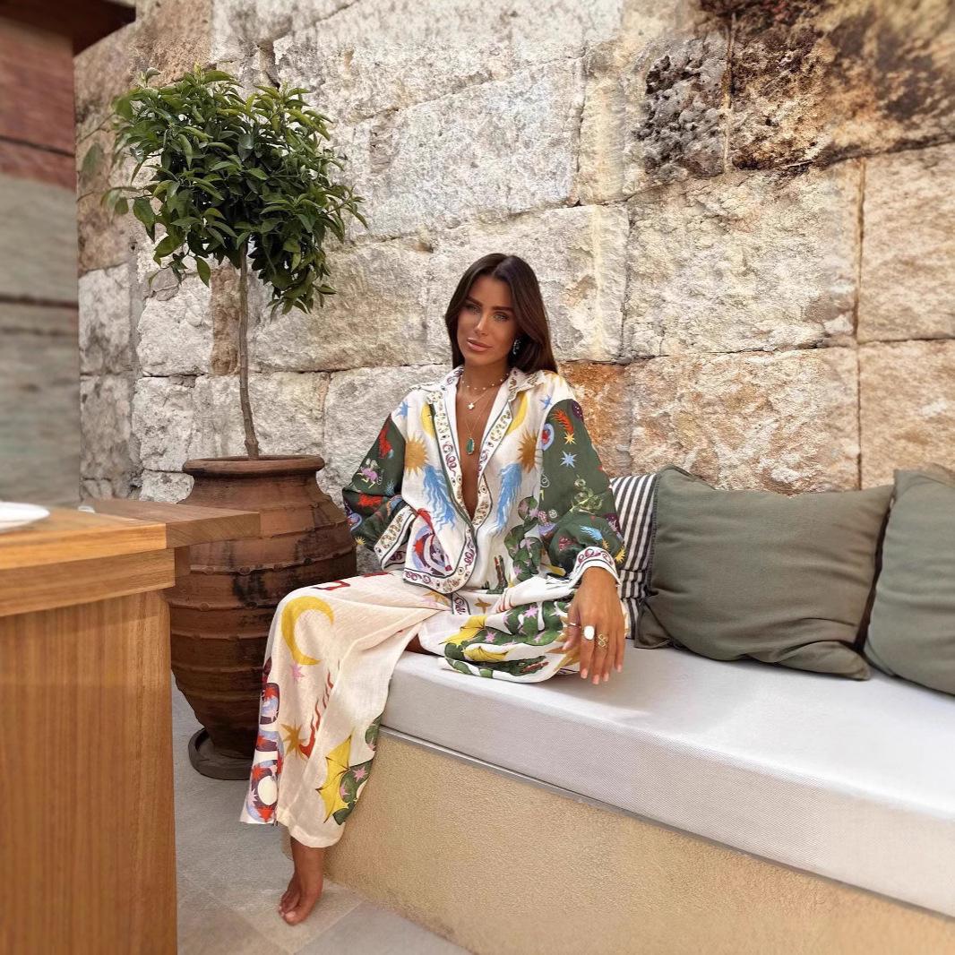 

2025 Trendy Print Macaron Linen Long-Sleeved Shirt Set M