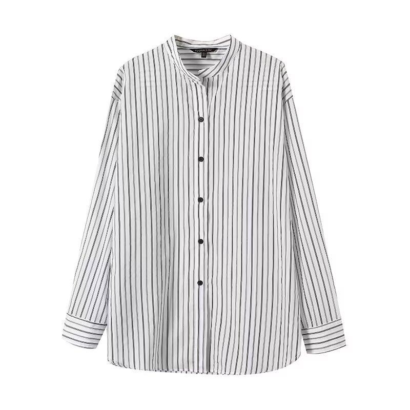 European and American style, new women's clothing, foreign style, high intelligence, light and familiar commuter style, stand-up collar striped shirt