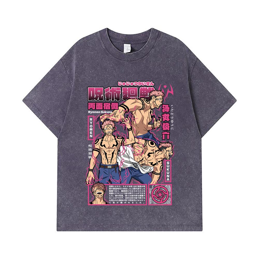 275 GSM Washed T-shirts 100% Cotton Jujutsu Kaisen V45 Sukuna Print Unisex Heavy Cotton T Shirt