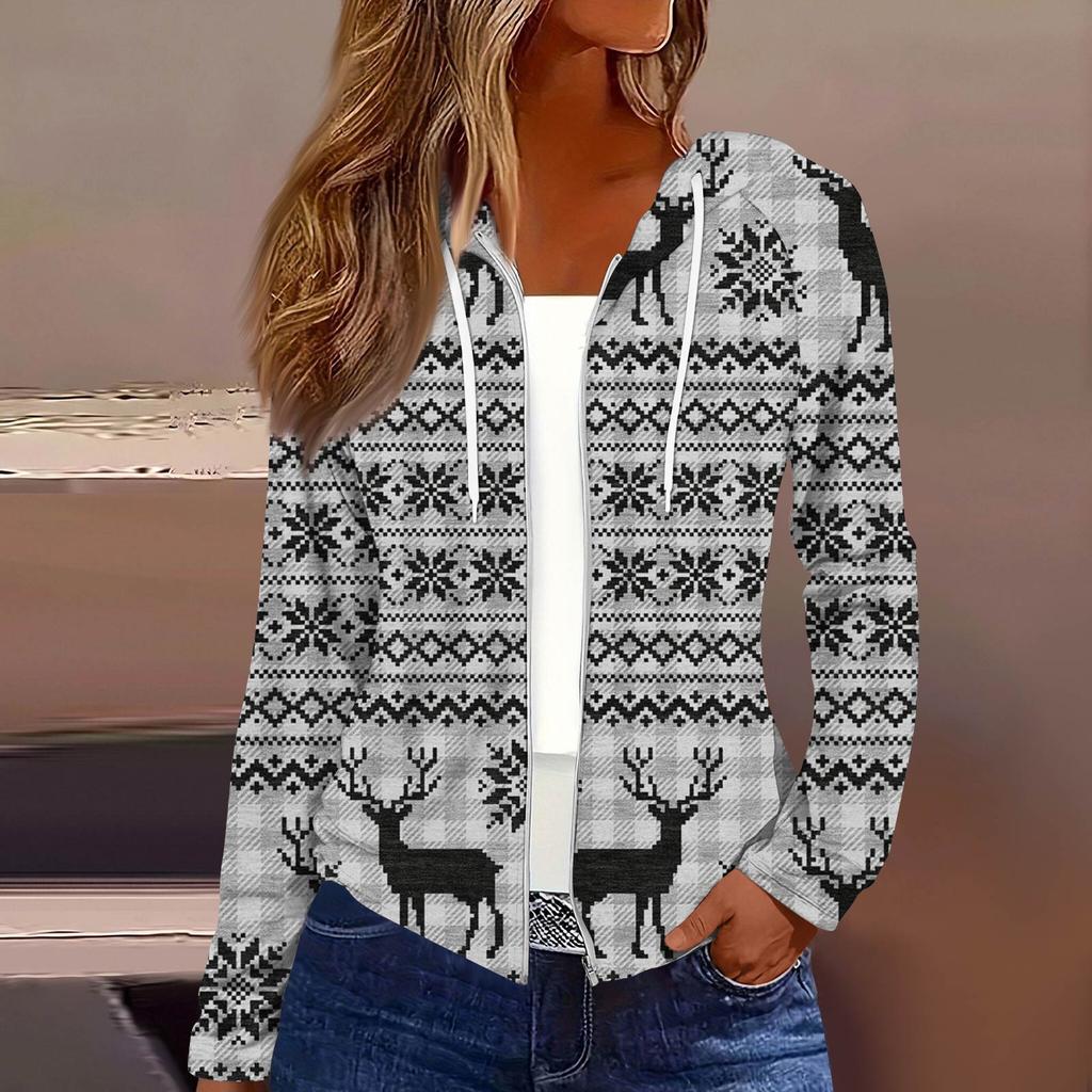Dame Mote Juleprint Casual Glidelås Langermet Hettejakke