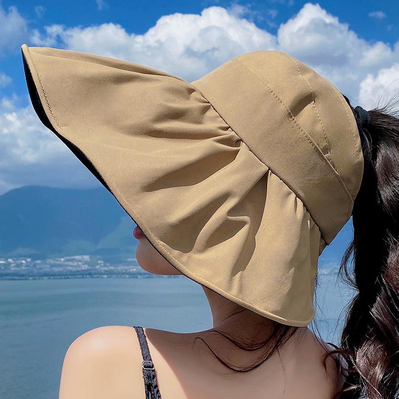 

Early spring and summer vinyl UV protection empty top hat children big brim face protection sun protection versatile ponytail bucket hat One Size хаки