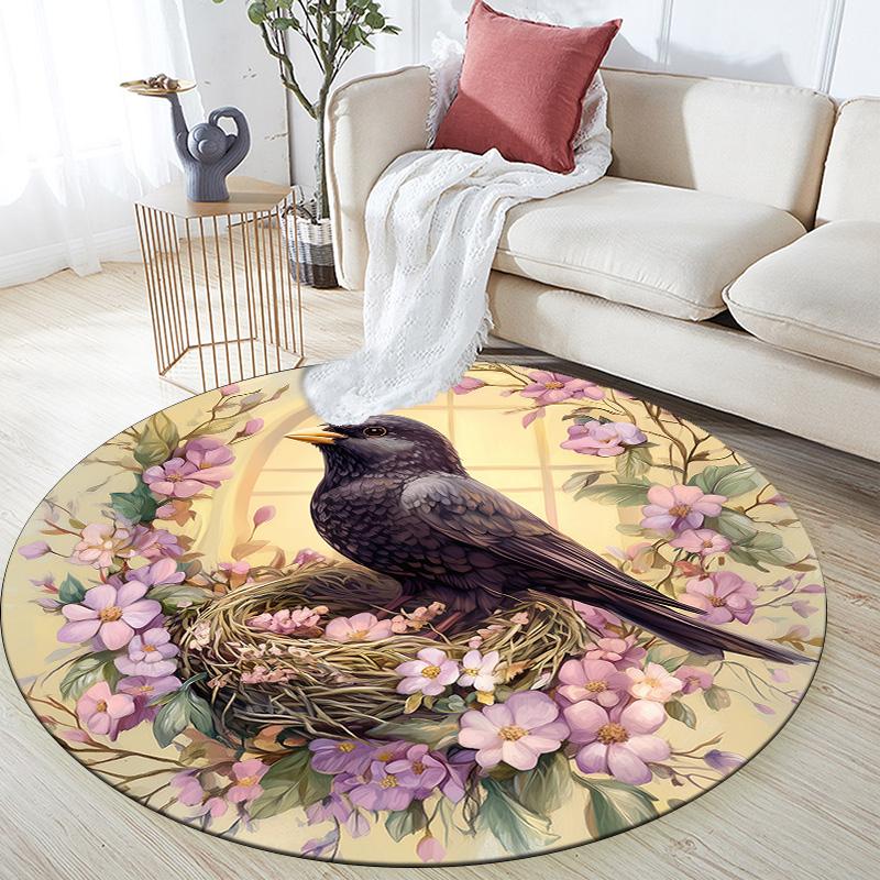 Flower Bird,Round Area Rug,Carpet Rug for Living Room Bedroom Sofa Playroom Decor,Non-slip Floor Mat