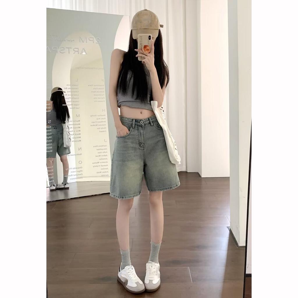 Denim Pants Pockets Vintage High Waist Shorts Women Wide Leg Streetwear Jeans Button Zipper