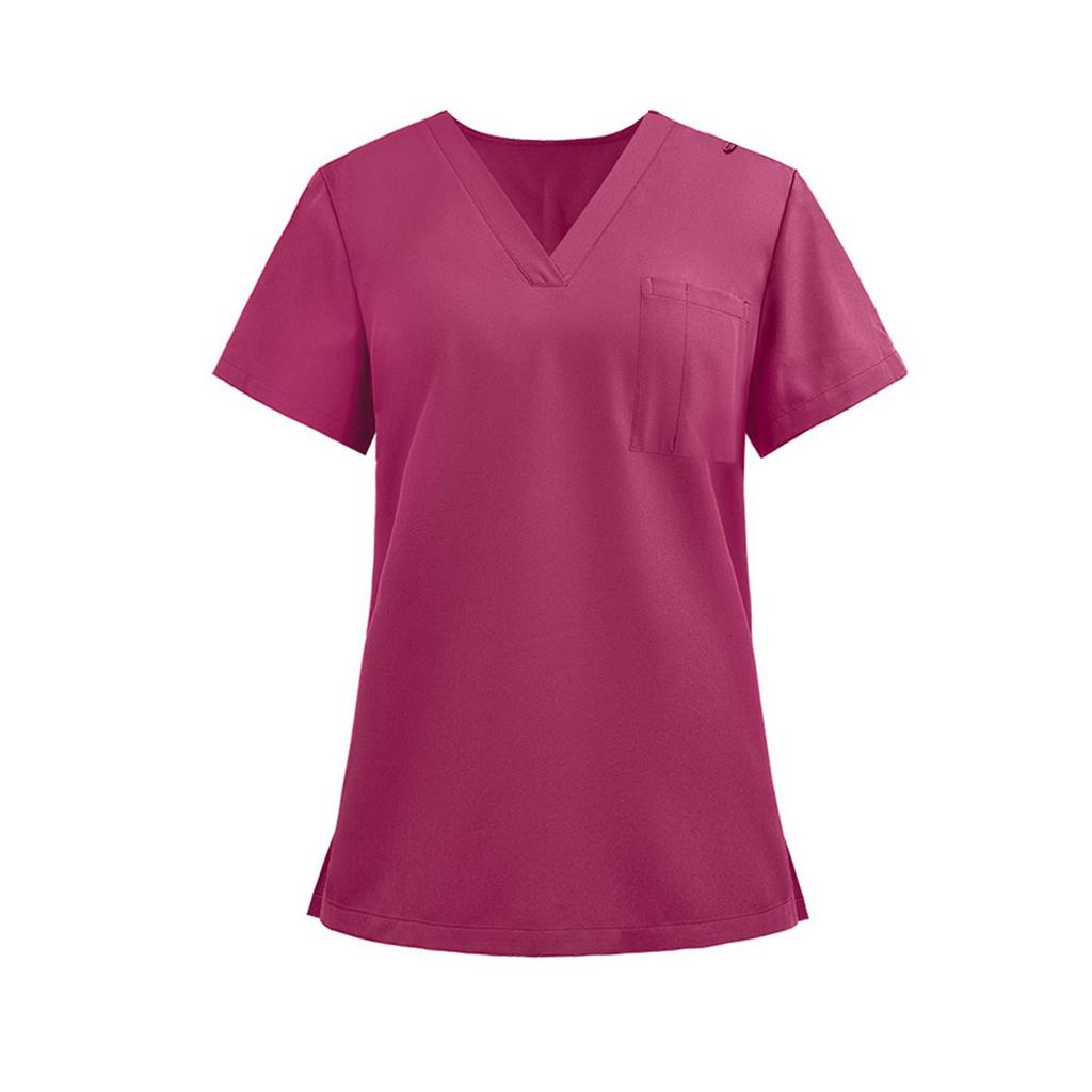 Ladies' Lightweight Solid Color V-neck Pocket Side Slit Short Sleeved Shirt