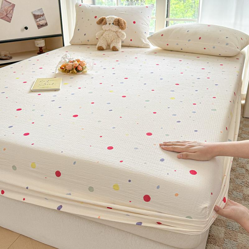 Korean Double-Layer Yarn Fitted Sheet Set Printed Mattress Protective Cover for Naked Sleep Skin-Friendly Dust Cover Kit for Bed