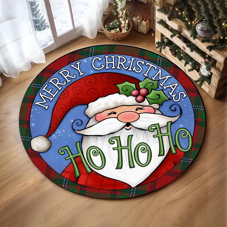 Christmas Ornaments Round Rug Merry Christmas Santa Rudolph Riding Home Mat  Living Room Decor Sofa Rug Festival Event Carpet